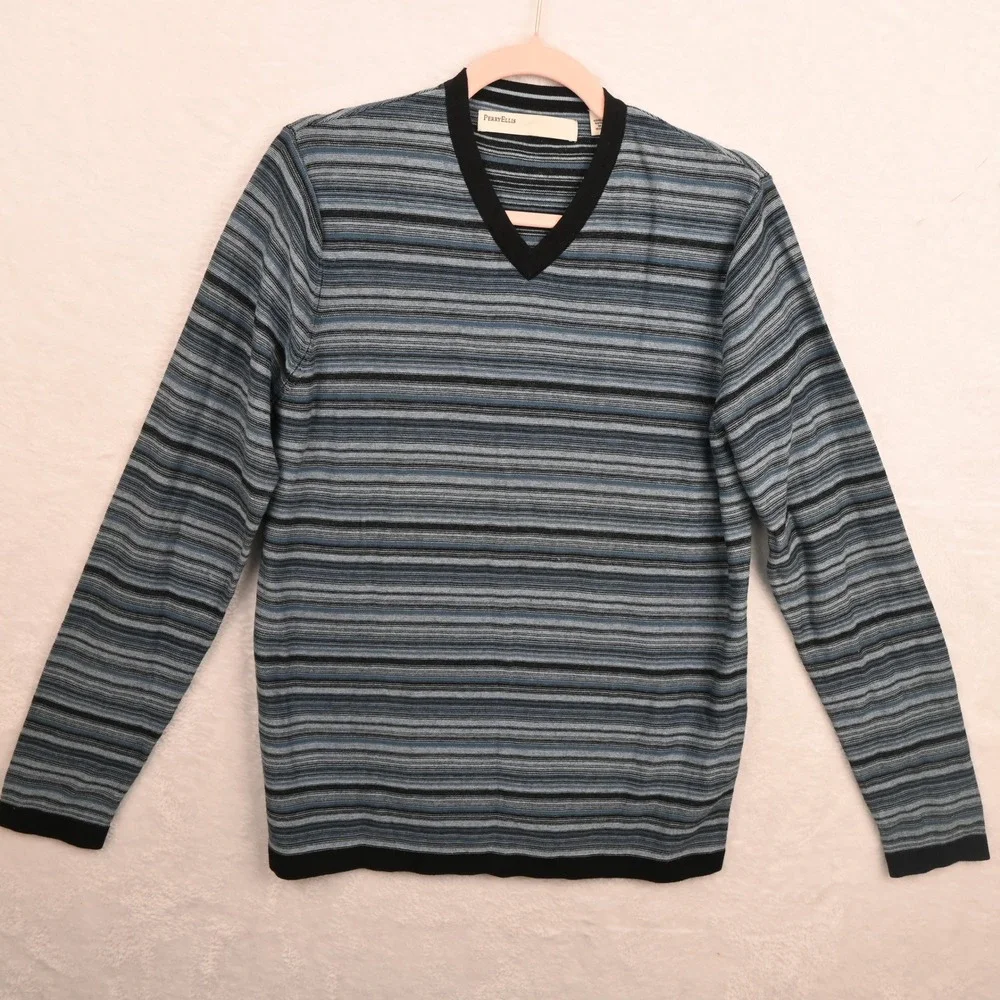 Perry Ellis Sweater Mens Small Blue Striped V-Neck Cotton Rayon Long Sleeve